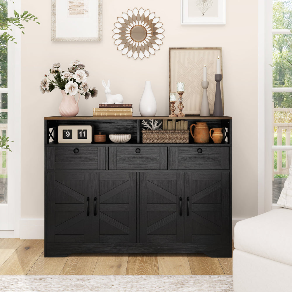 Sideboard with 4 barn doors and 3 drawers, coffee bar cabinet with adjustable shelves, black