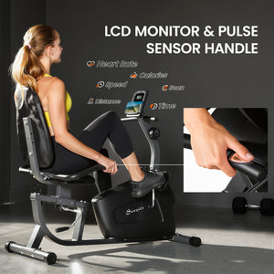 Recumbent exercise bike with 8 levels of magnetic resistance, LCD screen, heart rate sensor and adjustable seat