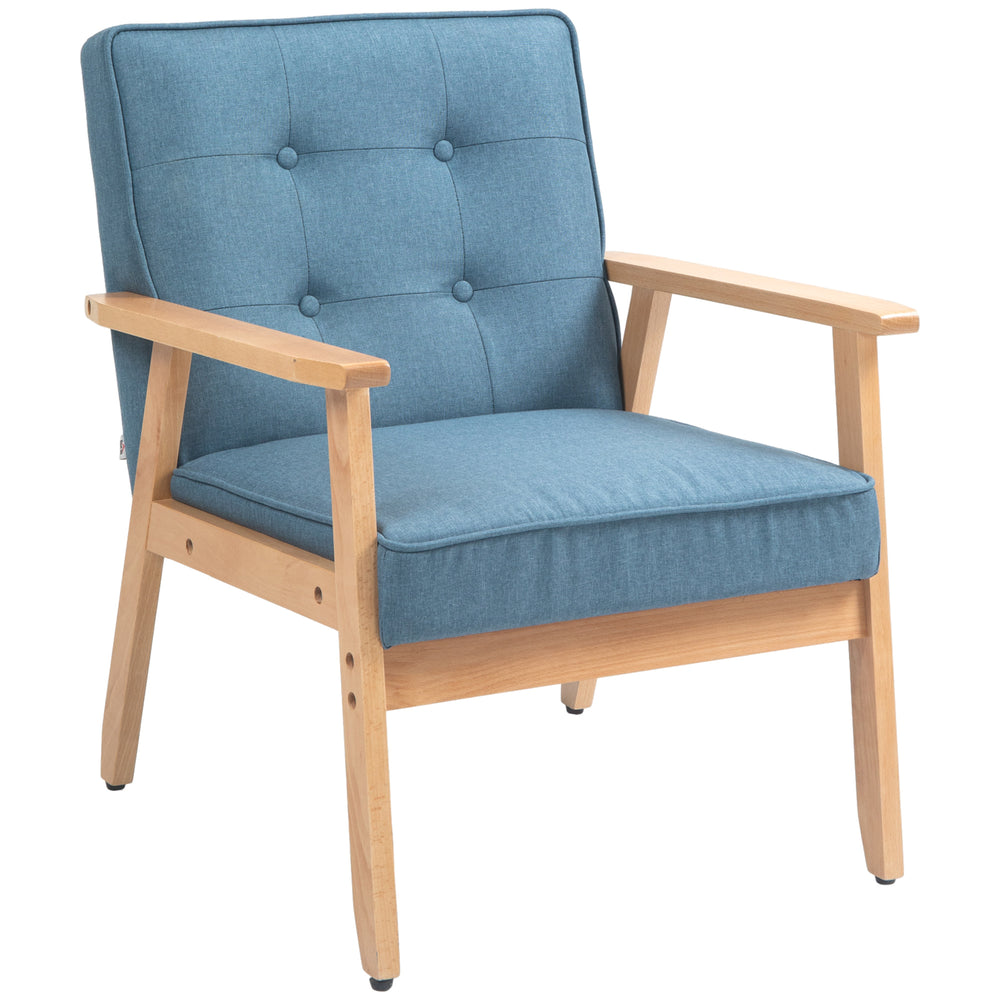 Modern fabric accent chair with tufted back and wooden legs, blue