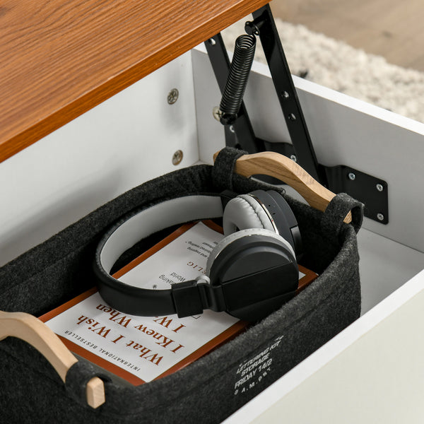 Lift-top coffee table with hidden storage compartment, white and brown