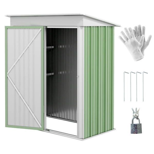 Steel garden shed with adjustable shelf, lock and gloves, green