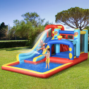 Qaba 14.3 x 8FT Inflatable Bounce House, 4-in-1 Bouncy Castle with Slide, Climbing Wall, Jumping Area, Pool, and Blower