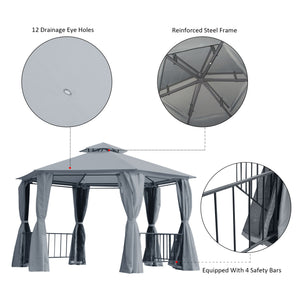 13 ft hexagonal gazebo with mosquito netting and shade curtains, grey