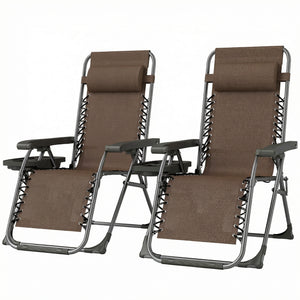 Set of 2 Zero Gravity Outdoor Lounge Chairs, Folding and Reclining, with Cup Holder and Headrest, Brown