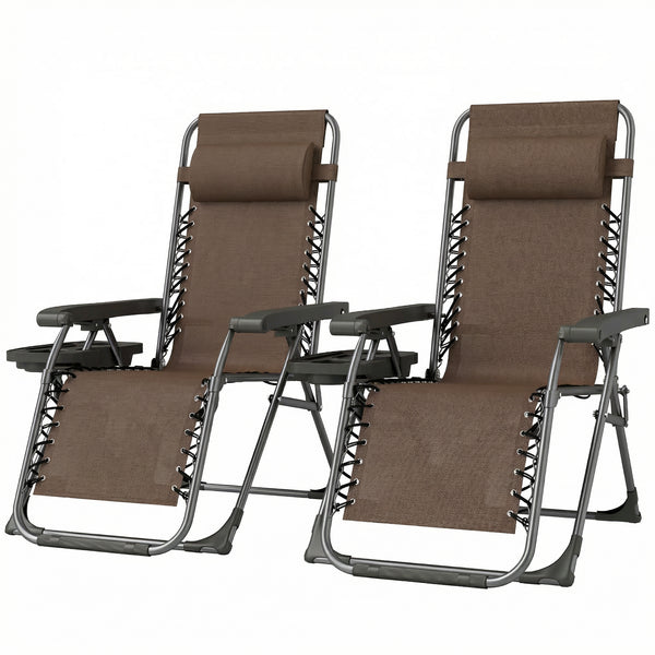 Set of 2 Zero Gravity Outdoor Lounge Chairs, Folding and Reclining, with Cup Holder and Headrest, Brown