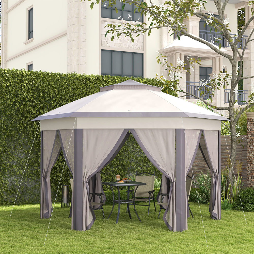 13' x 13' Folding Gazebo with Netting and Carry Bag, Hexagonal, Coffee and Beige