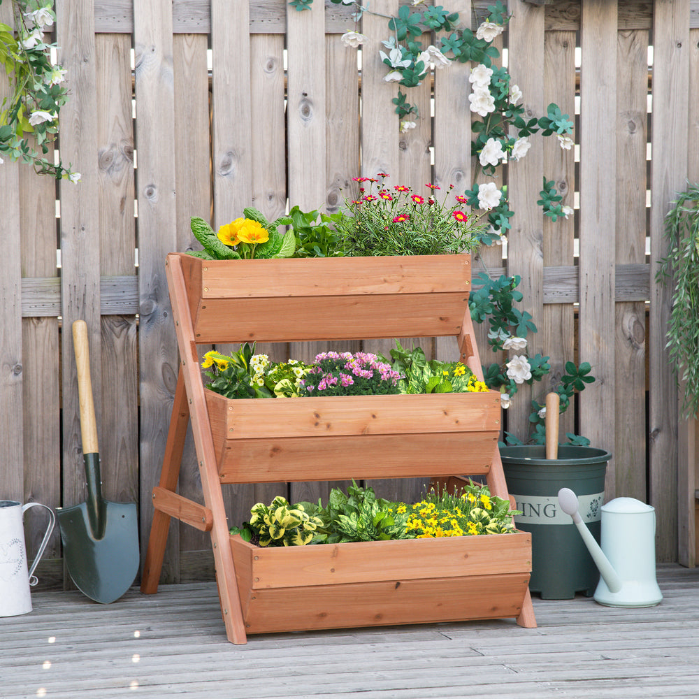 Three-tier raised wooden planter for flowers and vegetables, brown