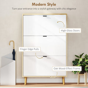 Narrow shoe cabinet, high-gloss finish, with 3 drop-down drawers and adjustable shelves, for 24 pairs, white