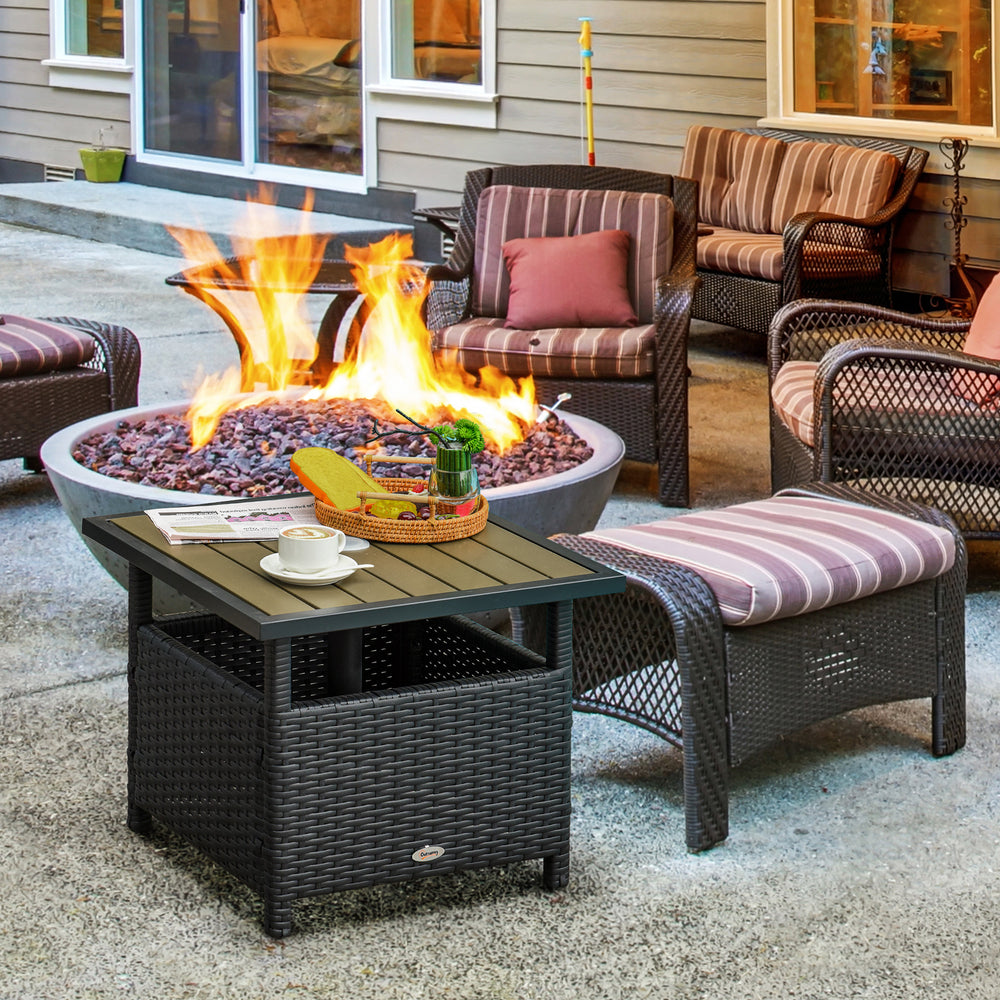 Square synthetic rattan table with parasol hole, can be used as an umbrella stand, black