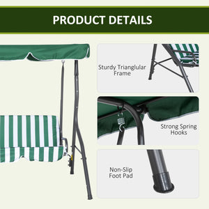 Outdoor swing chair with adjustable canopy, removable cushion and weather-resistant steel frame, green and white