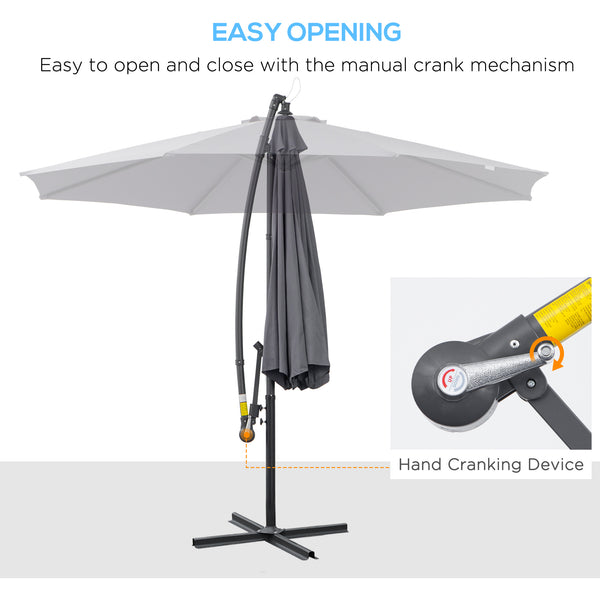 10ft Offset Patio Umbrella with Base, Garden Hanging Parasol with Crank, Banana Cantilever Umbrella Sun Shade, Gray