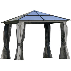 Rigid 10x10 gazebo with aluminum frame, polycarbonate canopy with curtains and mosquito net