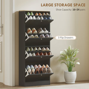 Modern shoe cabinet with 4 hinged drawers and adjustable shelves, for 18 to 24 pairs of shoes, black
