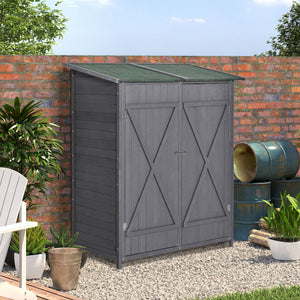 Garden shed with asphalt roof, double wooden door, shelf, green and grey