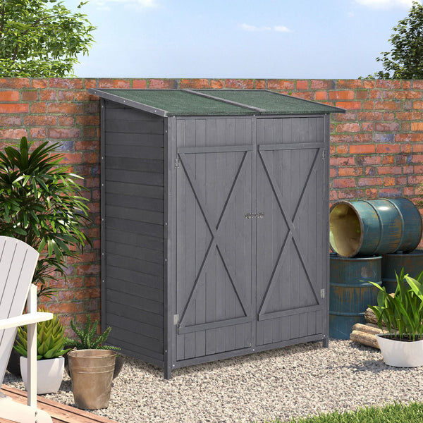Garden shed with asphalt roof, double wooden door, shelf, green and grey