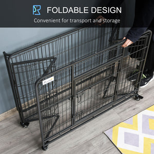 Foldable, sturdy cage with double door, lockable wheels and tray