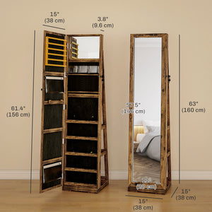 360° Rotating Jewelry Cabinet, Lockable, with Built-in Mirror, Rustic Brown