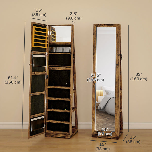 360° Rotating Jewelry Cabinet, Lockable, with Built-in Mirror, Rustic Brown