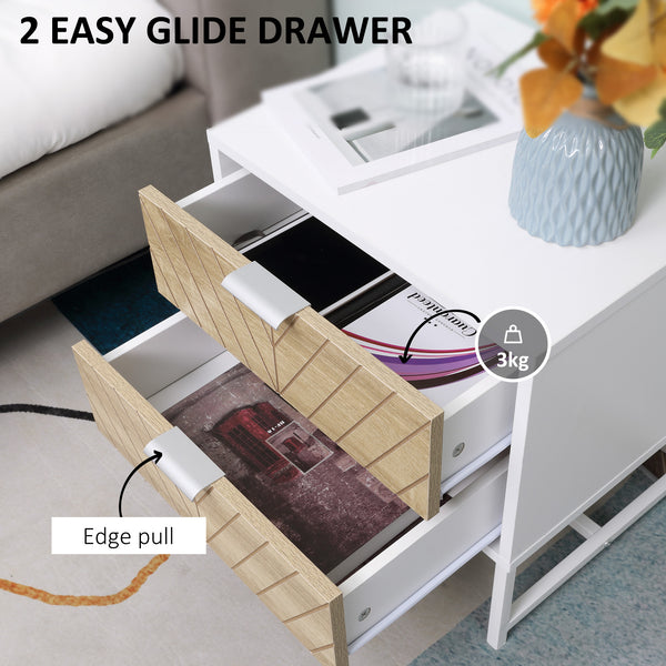 Modern bedside table with 2 drawers and steel structure, white and oak