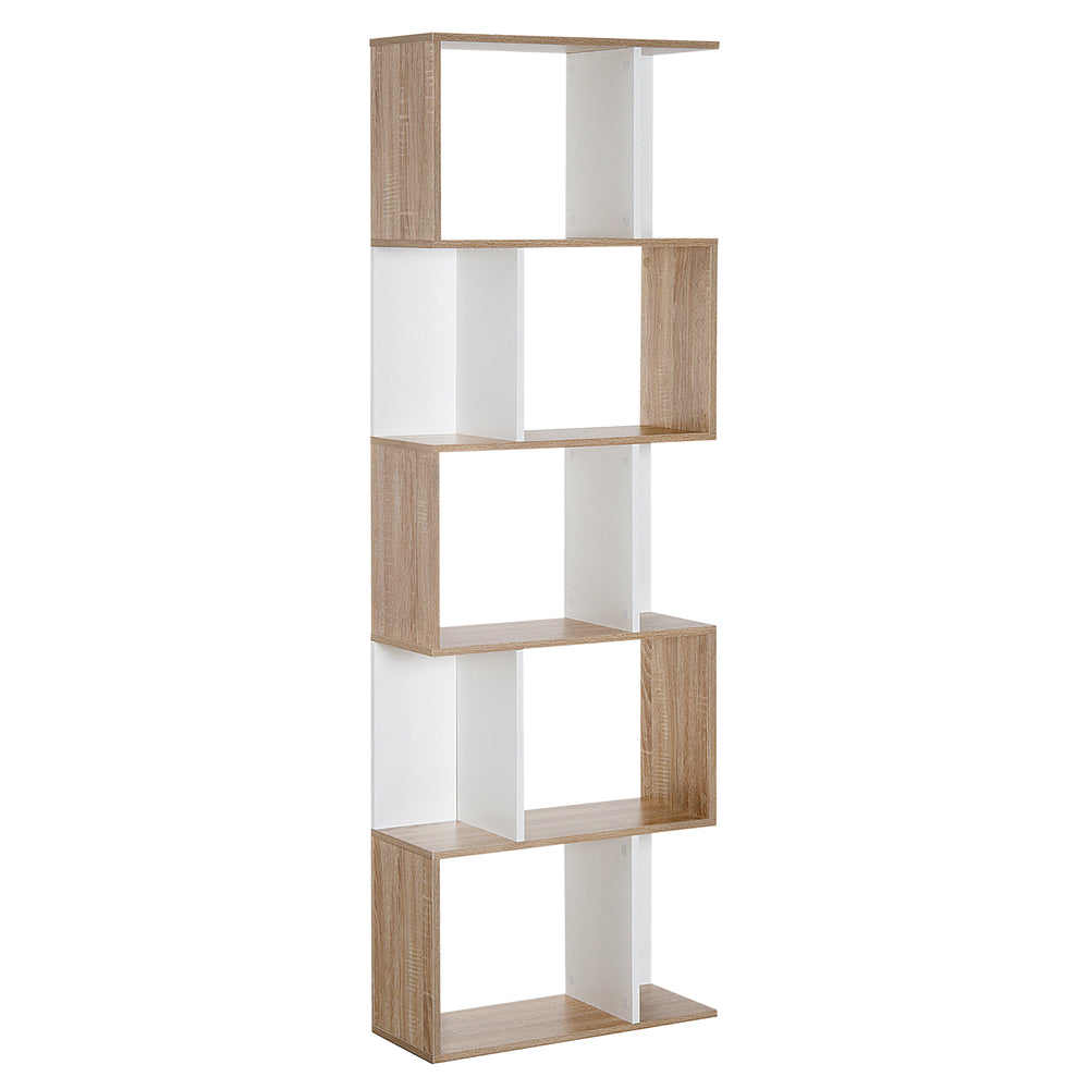 5-Tier Geometric Bookcase with Divider, White