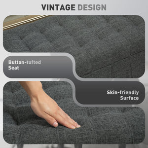 Linen fabric storage pouf with button tufting, gray