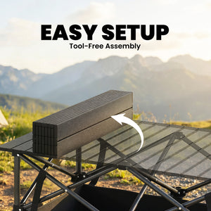 Folding camping table with storage net, carry bag and metal frame, black