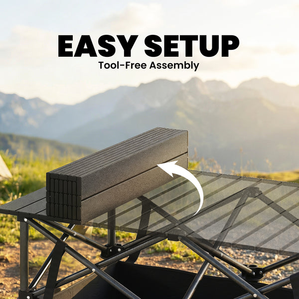 Folding camping table with storage net, carry bag and metal frame, black