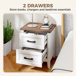 Set of 2 farmhouse style nightstands, with 2 drawers, wood effect top, white