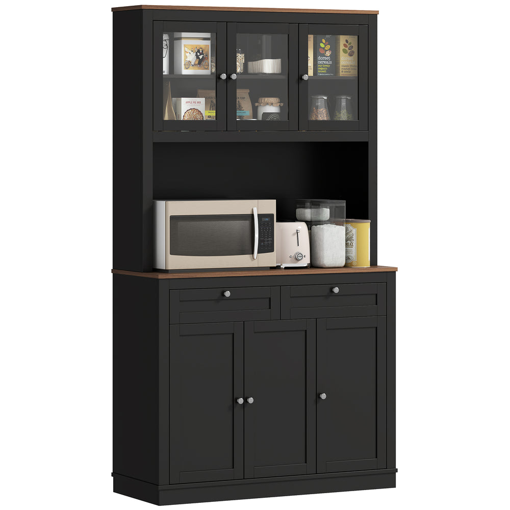 Storage cabinet with microwave space, sideboard with hutch, 2 drawers, adjustable shelves and glass doors, black