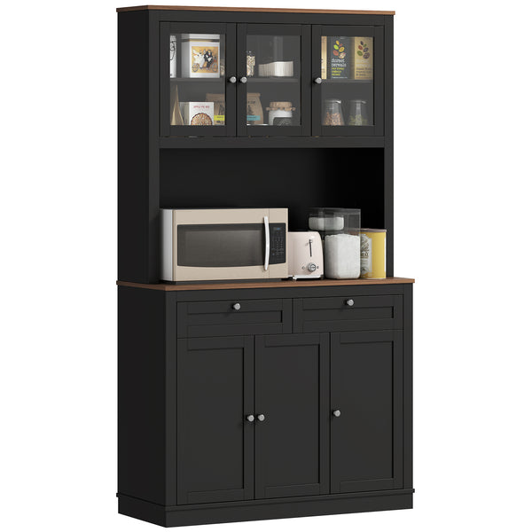 Storage cabinet with microwave space, sideboard with hutch, 2 drawers, adjustable shelves and glass doors, black