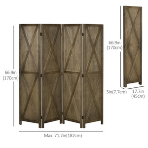 4 Panel Farmhouse Style Room Divider with Wood Frame, Brown