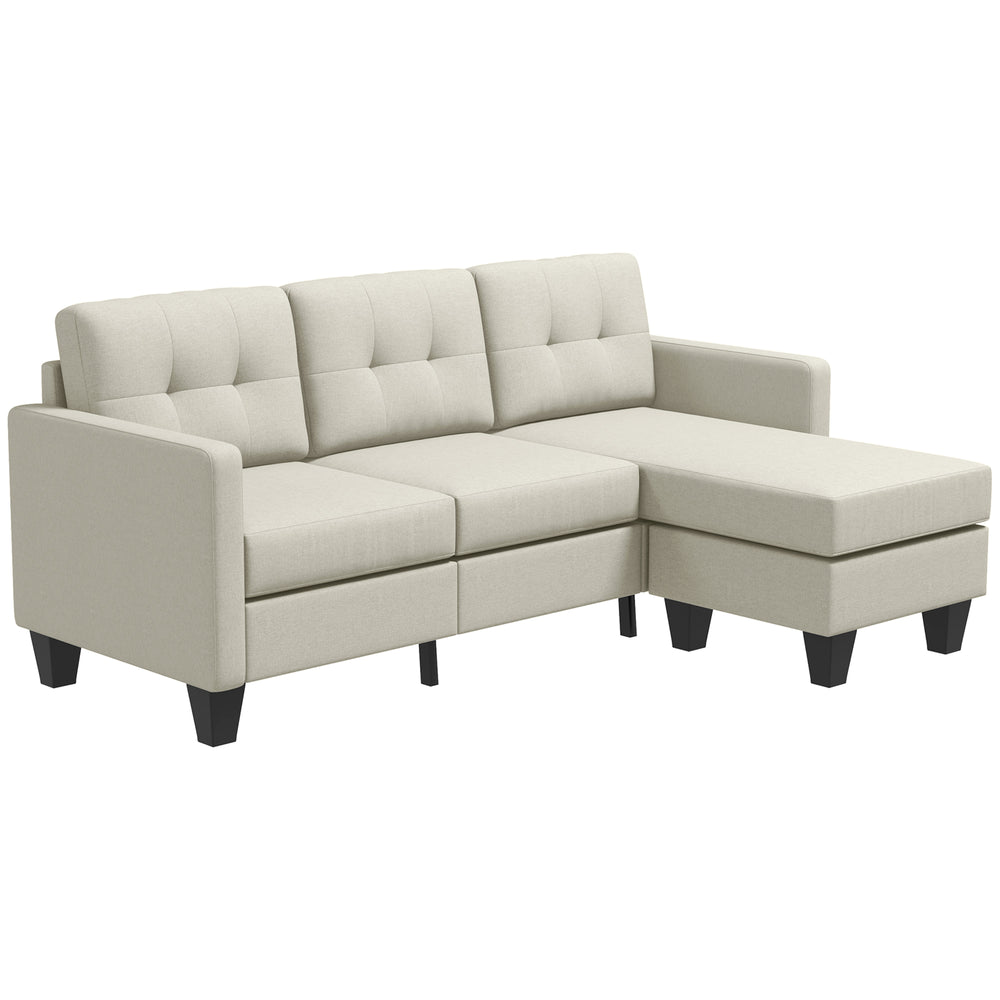 Canapé d’angle en L 3 places beige avec pouf, coussin épais et pieds en bois – mobilier confortable pour salon moderne