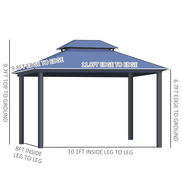 10 x 12 Gazebo with rigid aluminum roof, double slope, curtains and mesh side panels, black and grey