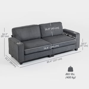 3-seater fabric sofa with spring cushions and cup holders, dark grey