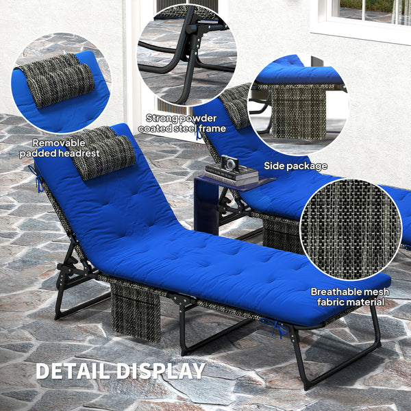 Set of 2 Folding Lounge Chairs with 4-Level Reclining Backrest with Cushion, Breathable Mesh Fabric, Side Pocket, Headrest, Blue