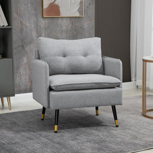 Modern upholstered accent chair with tufted back and steel legs, gray