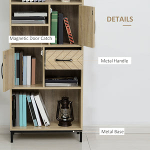 Bookcase with cabinets, drawers and open compartments, natural wood