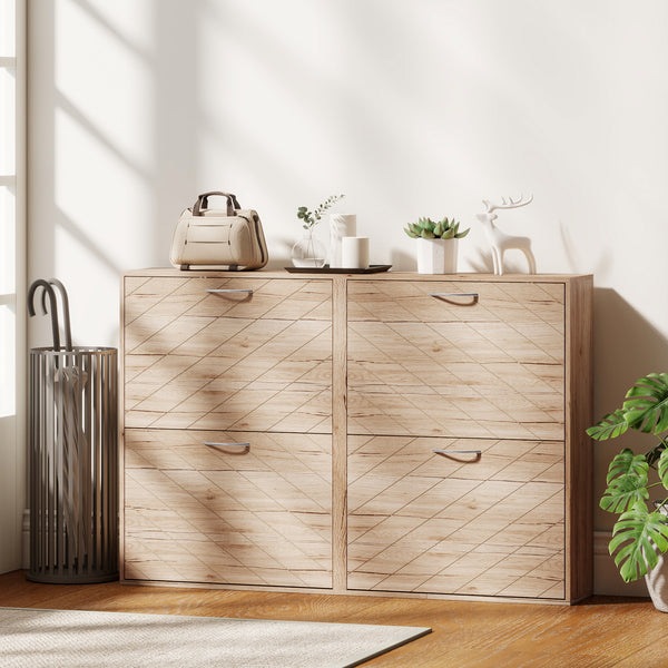 Shoe cabinet with 4 drop-down drawers for 12 pairs of shoes, oak color.