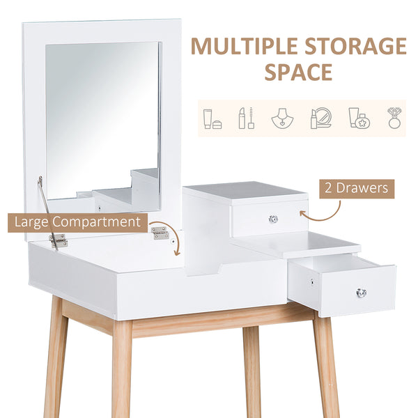 Dressing table with folding mirror and 2 drawers, white