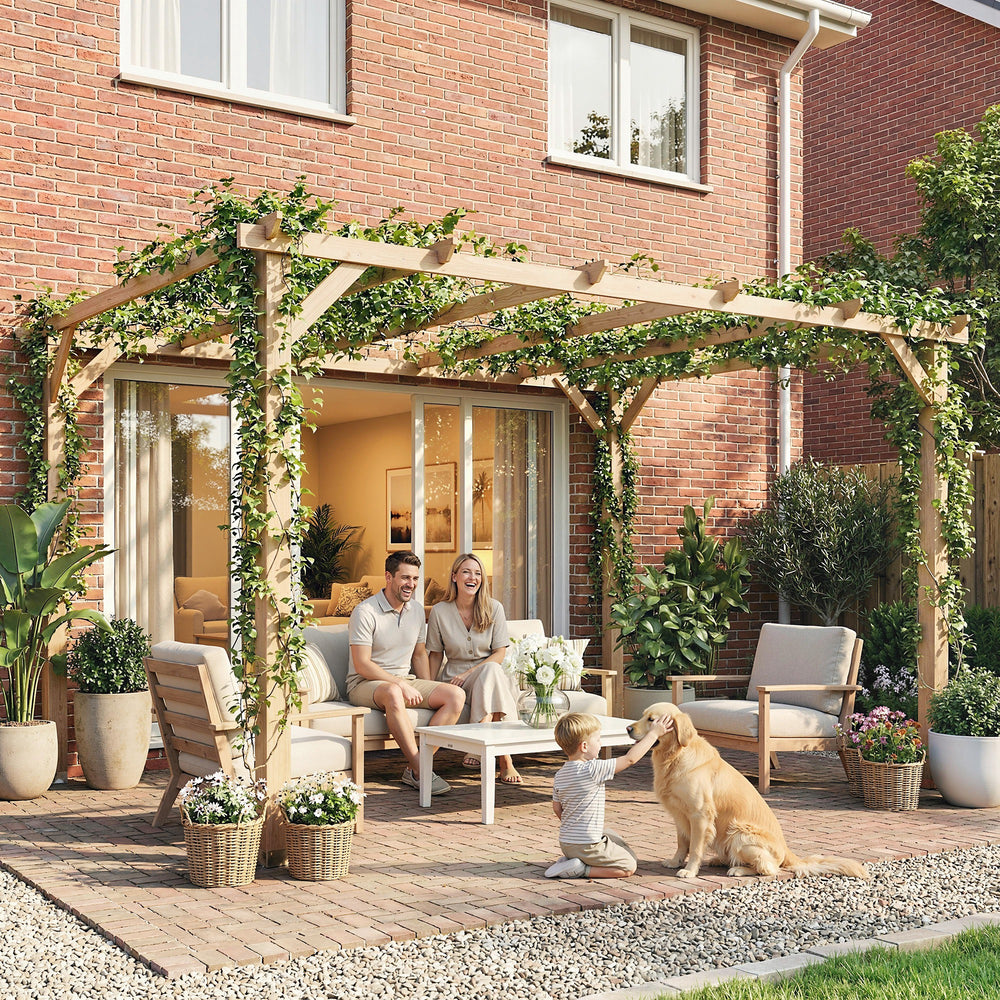 10' x 13' wooden pergola, triangular supports, concrete anchors, natural wood