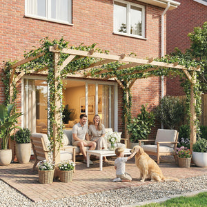 10' x 13' wooden pergola, triangular supports, concrete anchors, natural wood