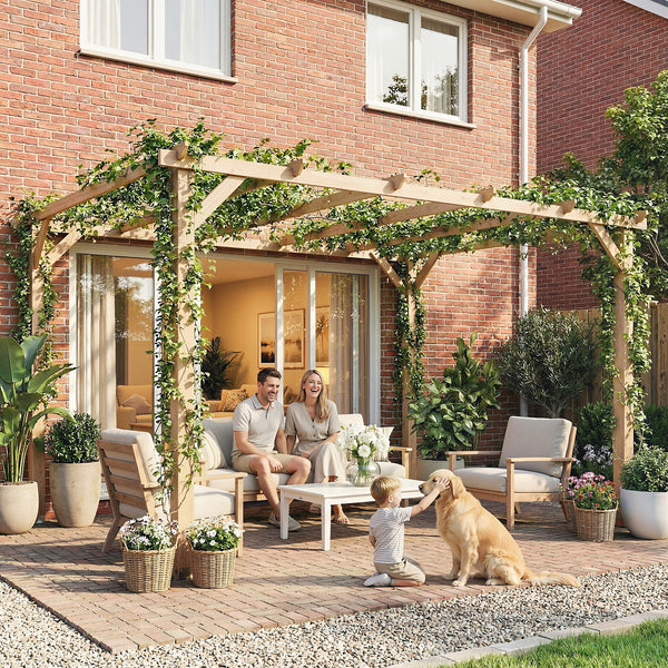 10' x 13' wooden pergola, triangular supports, concrete anchors, natural wood