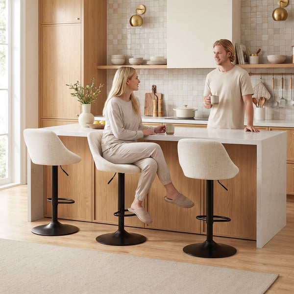 Set of 3 adjustable swivel bar stools with cushioned backrest, white