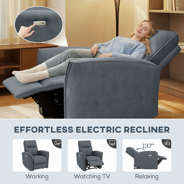 Electric reclining armchair, fabric upholstery, USB ports, footrest, anthracite grey