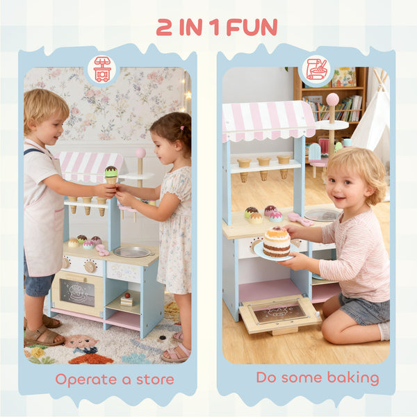 Children's wooden ice cream shop with pretend food and oven, ages 3 and up.