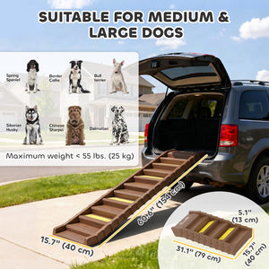Foldable dog ramp, 10 steps, 55 lb capacity, brown
