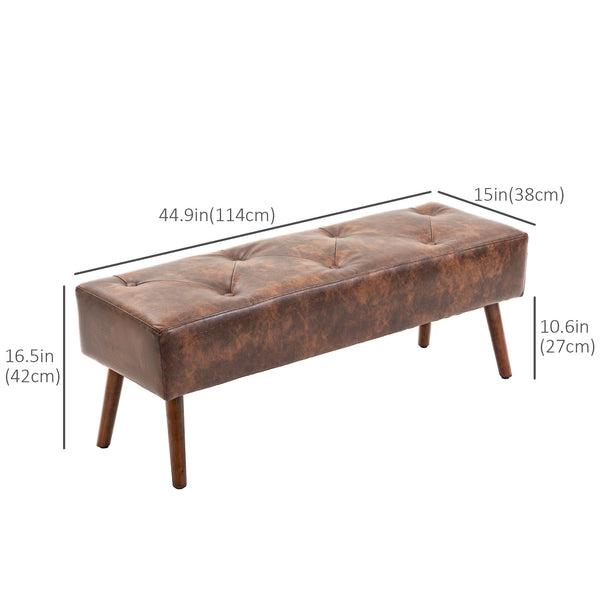 Faux leather button tufted bedroom bench with wooden legs, brown