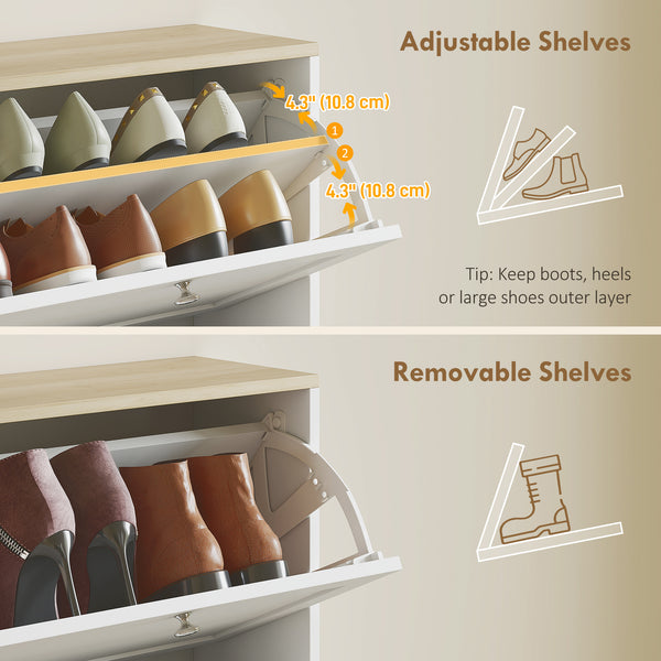 Modern shoe cabinet with 4 hinged drawers and adjustable shelves, for 18 to 24 pairs of shoes, white