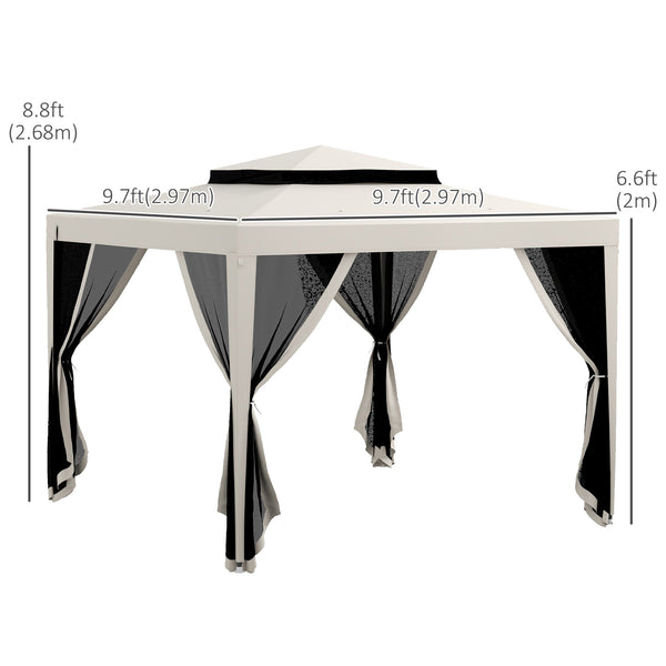 10' x 10' Gazebo with Mesh Netting and Two-Tier Roof for Garden, Patio, Cream White