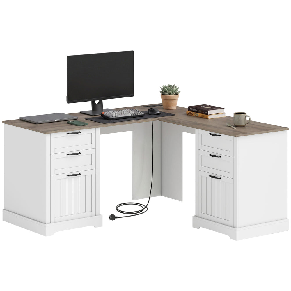 L-shaped desk with 6 drawers with outlets and USB, white and brown